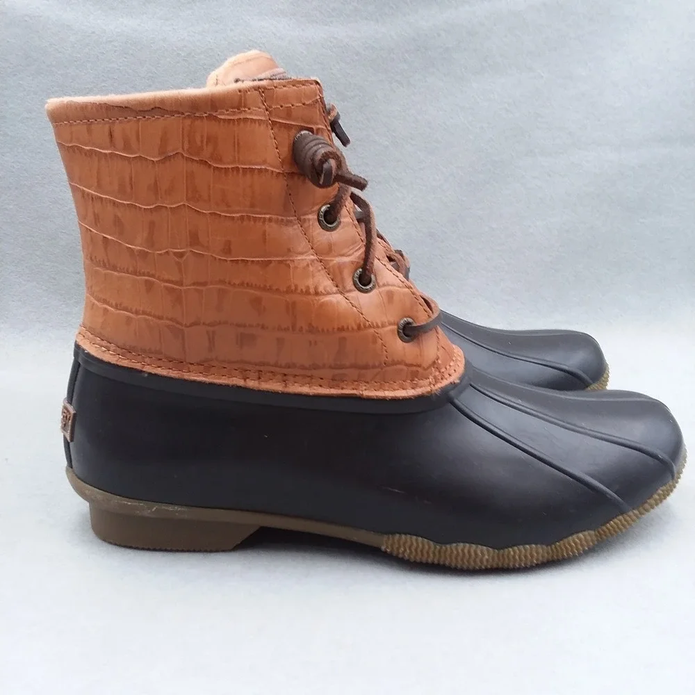Sperry Saltwater Croc Embossed Duck‎ Boots Women's 10 Brown Leather Waterproof